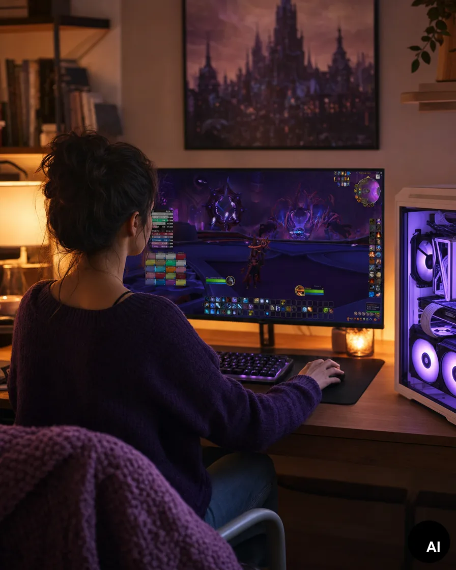 KI-generierte Beispielvisualisierung eines warm beleuchteten Gaming-Setups
