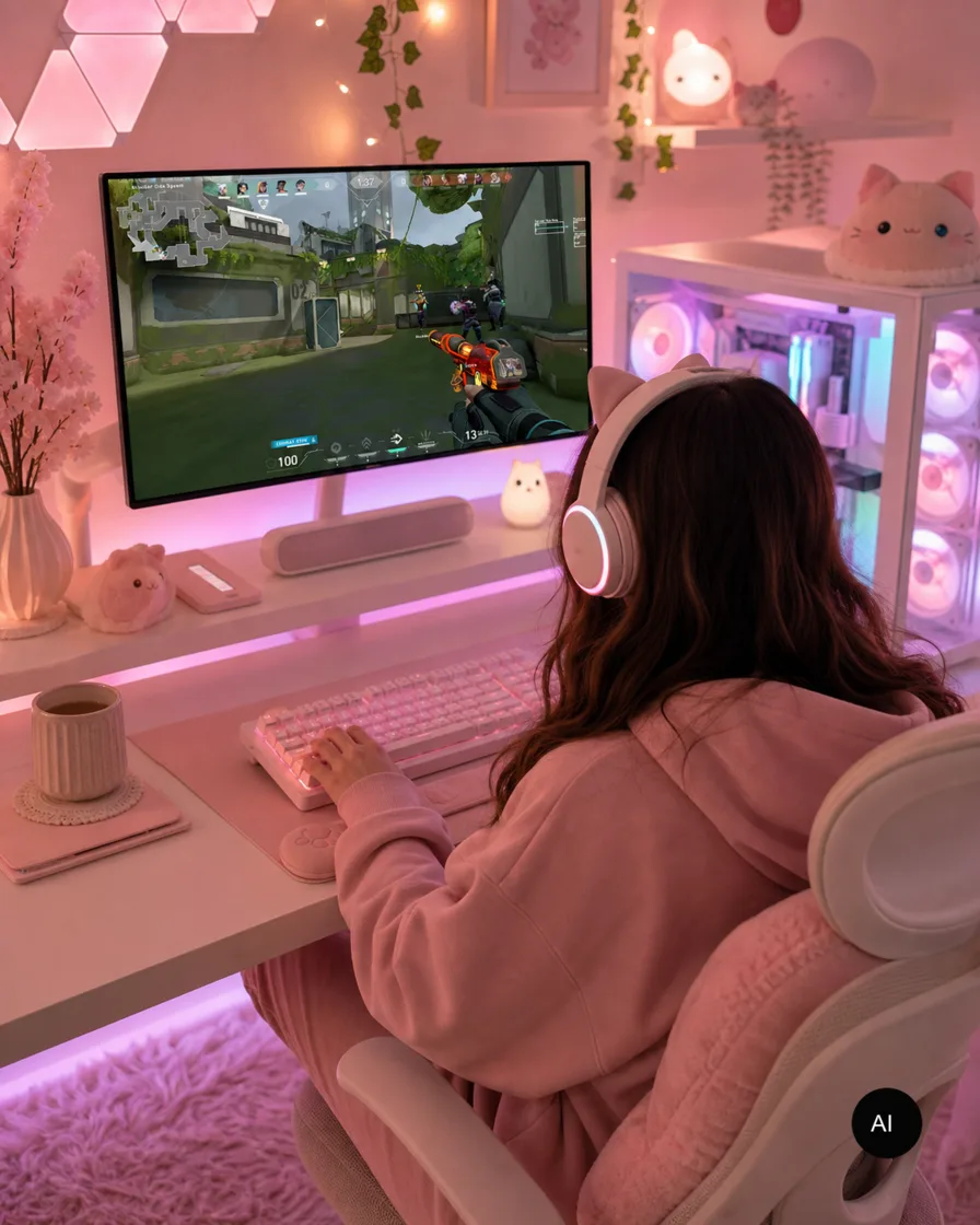 KI-generierte Beispielvisualisierung eines hellen, gemütlichen Gaming-Setups