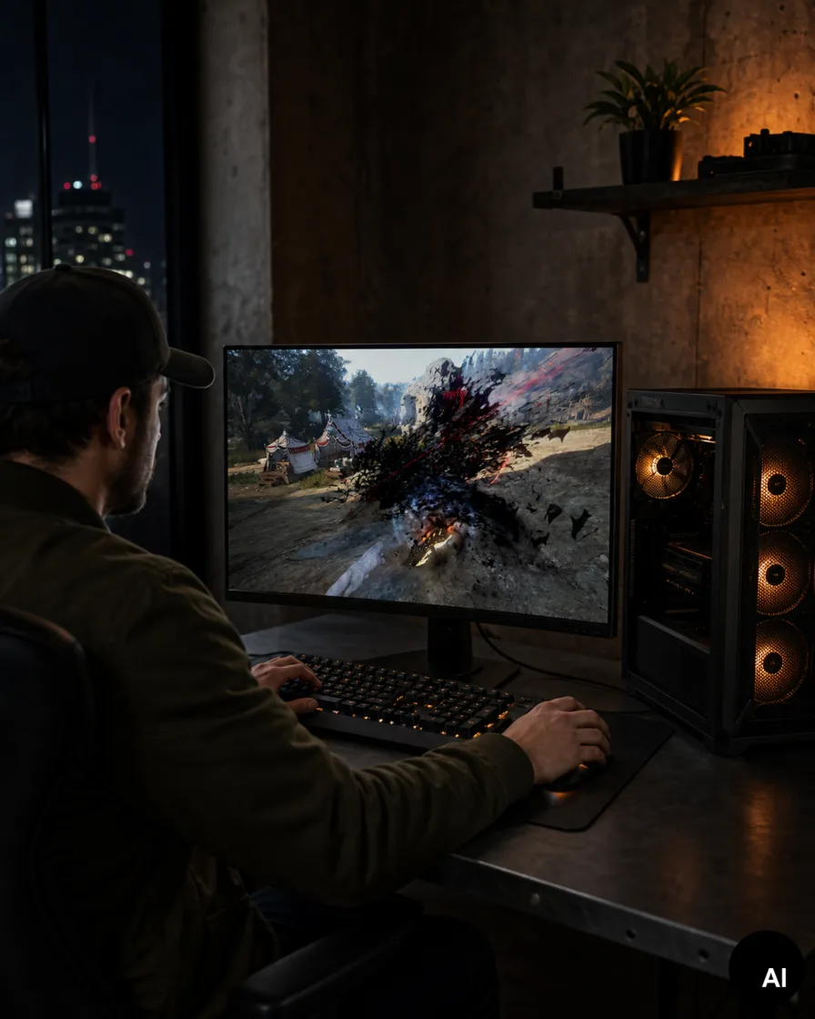 KI-generierte Beispielvisualisierung eines leistungsstarken dunklen Gaming-Setups